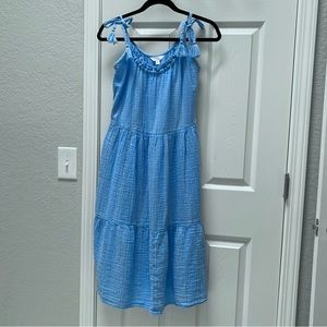 Midi blue cotton dress with white stripes
